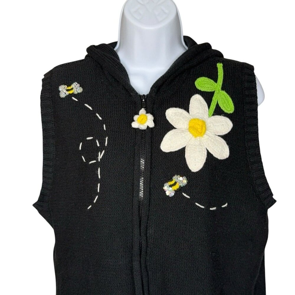 Quacker Factory Sweater Vest Daisy Bees Hooded Zip Up Embellished Embroidered Lg - Picture 2 of 11
